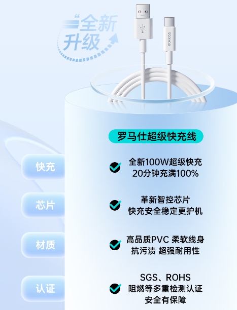 罗马仕Type-C数据线6A超级快充1.5米